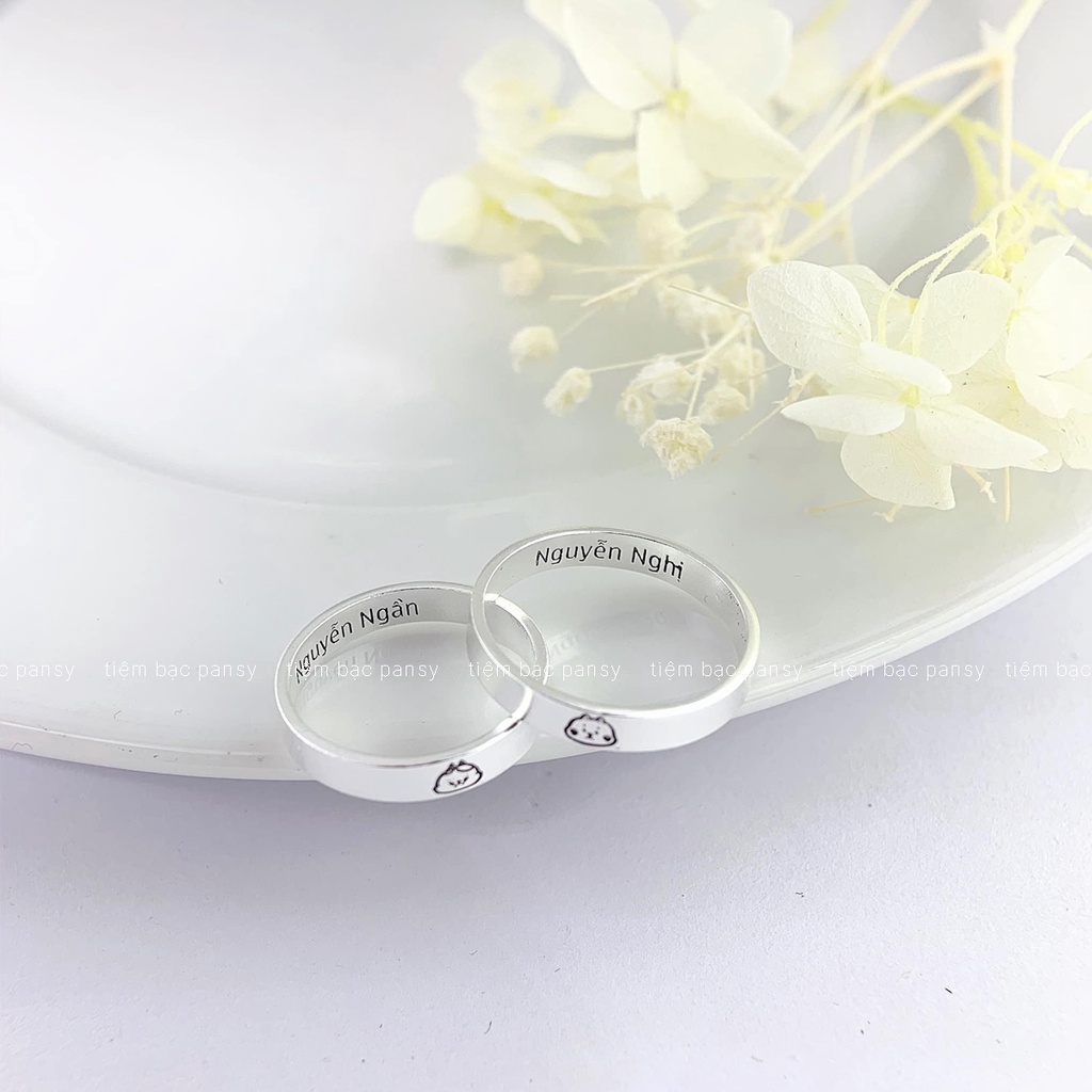 Nhẫn đôi bạc nam nữ hình gấu PANSY miễn phí khắc tên, nhẫn cặp đôi uyên ương bằng bạc ta cao cấp