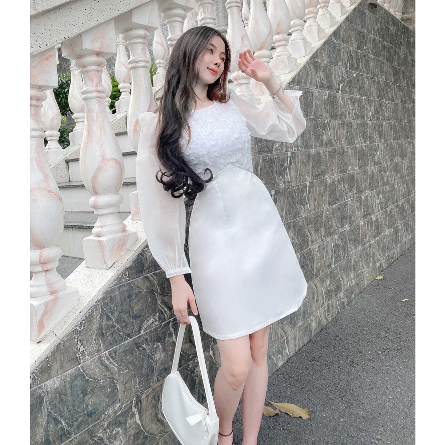 Đầm trắng dự tiệc sang trọng thanh lịch thiết kế chữ a tay dài cao cấp đẹp trẻ trung đi tiệc đi chơi eo tôn dáng - Lux W