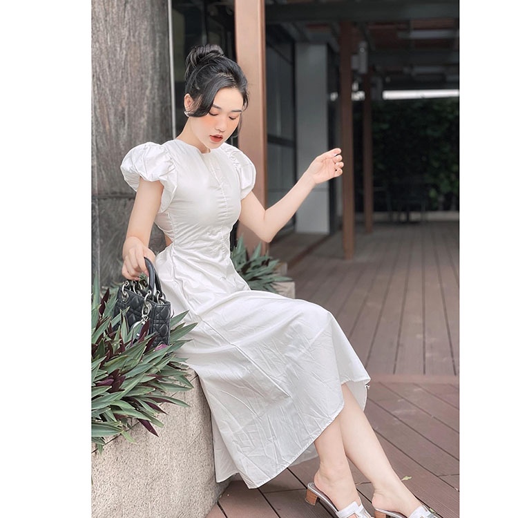 Đầm thô rút dây lưng cổ tròn Váy chiết eo tay bồng tiểu thư sang chảnh | BigBuy360 - bigbuy360.vn