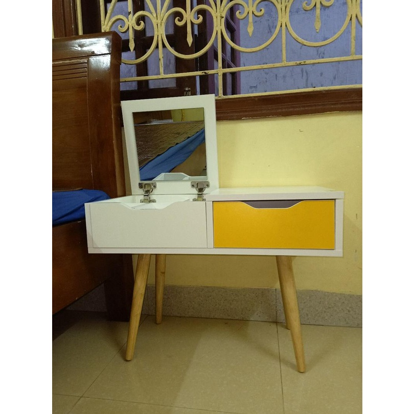 Bàn trang điểm ngồi bệt chân gỗ sồi cao 30cm gương gập tiết kiệm diện tích phòng-GP92