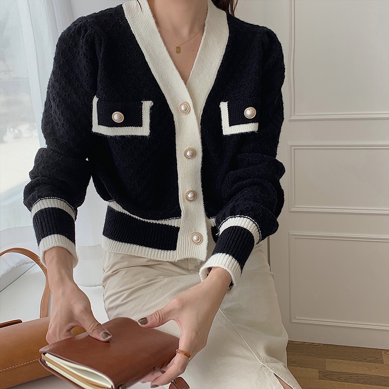 Áo khoác cardigan lửng cổ chữ V bằng vải dệt kim thời trang Pháp 177818