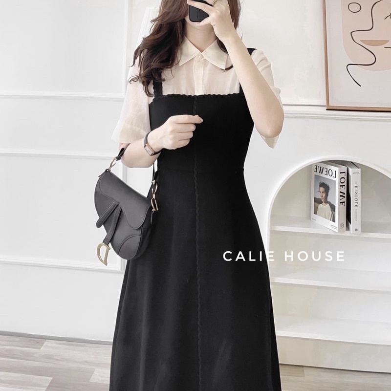 Váy thiết kế cổ sơ mi phối tơ tay cộc chạy ren viền dáng dài siêu xinh