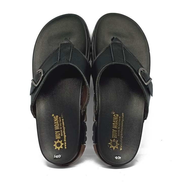 Dép nam da bò xỏ ngón Huy Hoàng (đen) HF7788