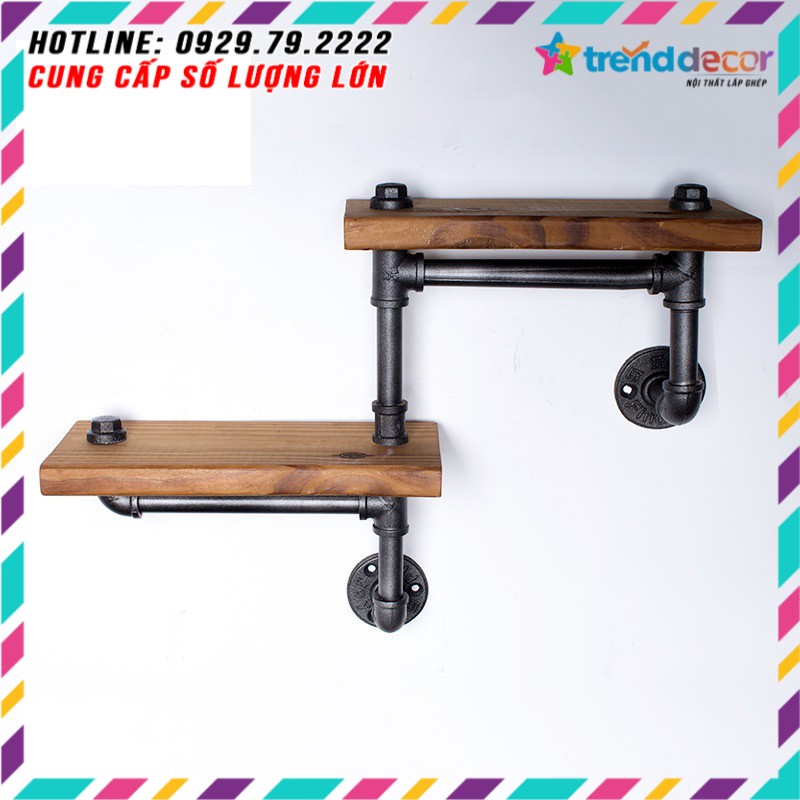 Kệ gỗ treo tường 2 tầng kệ ống nước kệ sách decor bằng ống săt bền đẹp trang trí nhà và quán cafe sáng tạo