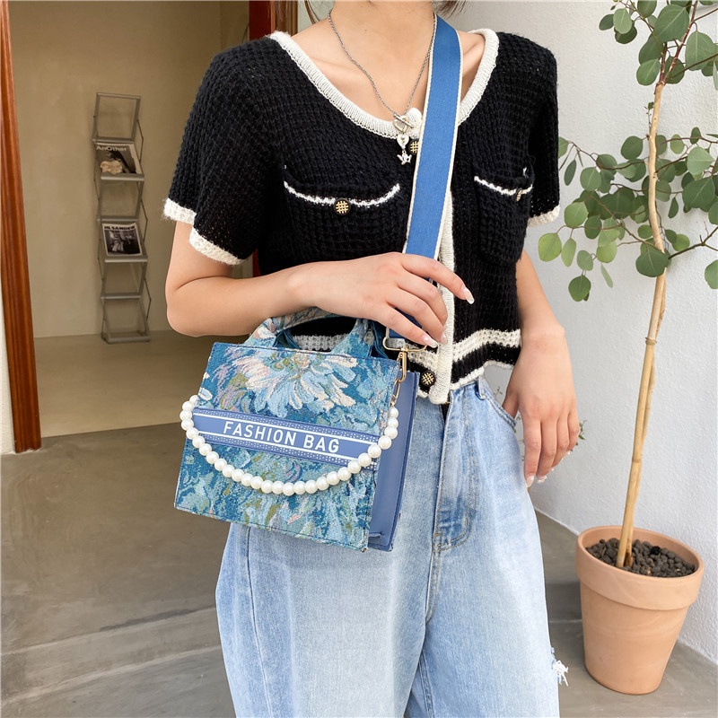 Túi Đeo Chéo Họa Tiết Kẻ Sọc Đính Ngọc Trai Phong Cách Hàn Quốc Thời Trang Cho Nữ