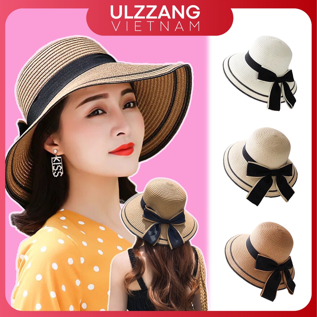 Mũ cói đi biển nữ vành rộng chống nắng, nón cói nơ xinh thời trang Hàn Quốc rẻ đẹp_MC8