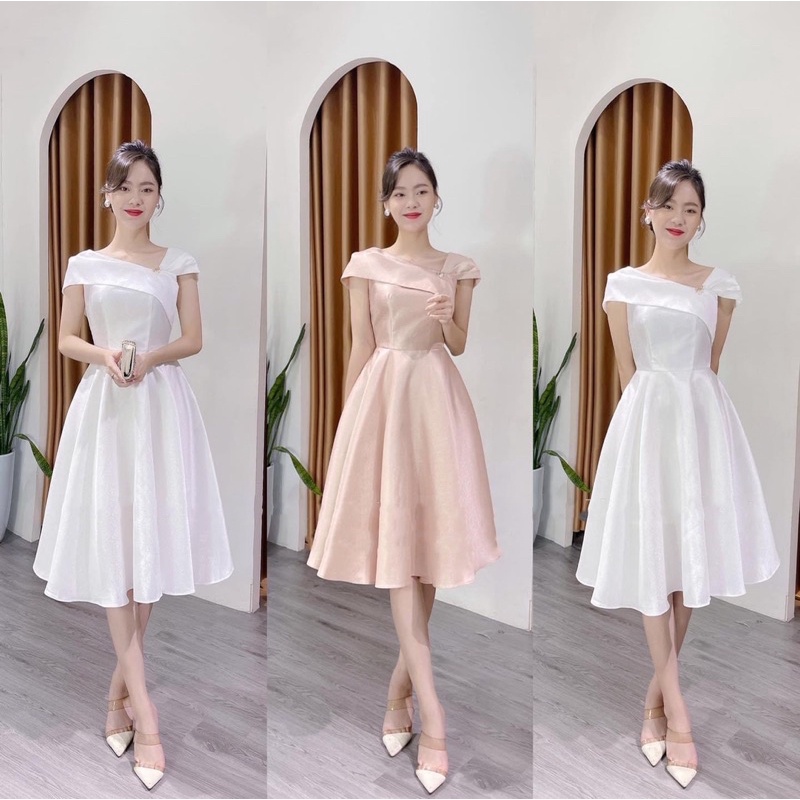 V212 VÁY ĐẦM TRẮNG DỰ TIỆC, DẠ HỘI KỶ YẾU PROM, VÁY CÔNG CHÚA TIỂU THƯ, ĐẦM THIẾT KẾ CHÉO VAI ĐI TIỆC CƯỚI