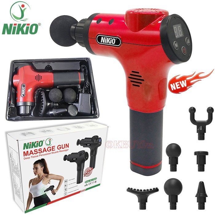 Súng massage cầm tay 6 đầu, 5 chế độ Nhật Bản Nikio NK-170B - Đỏ