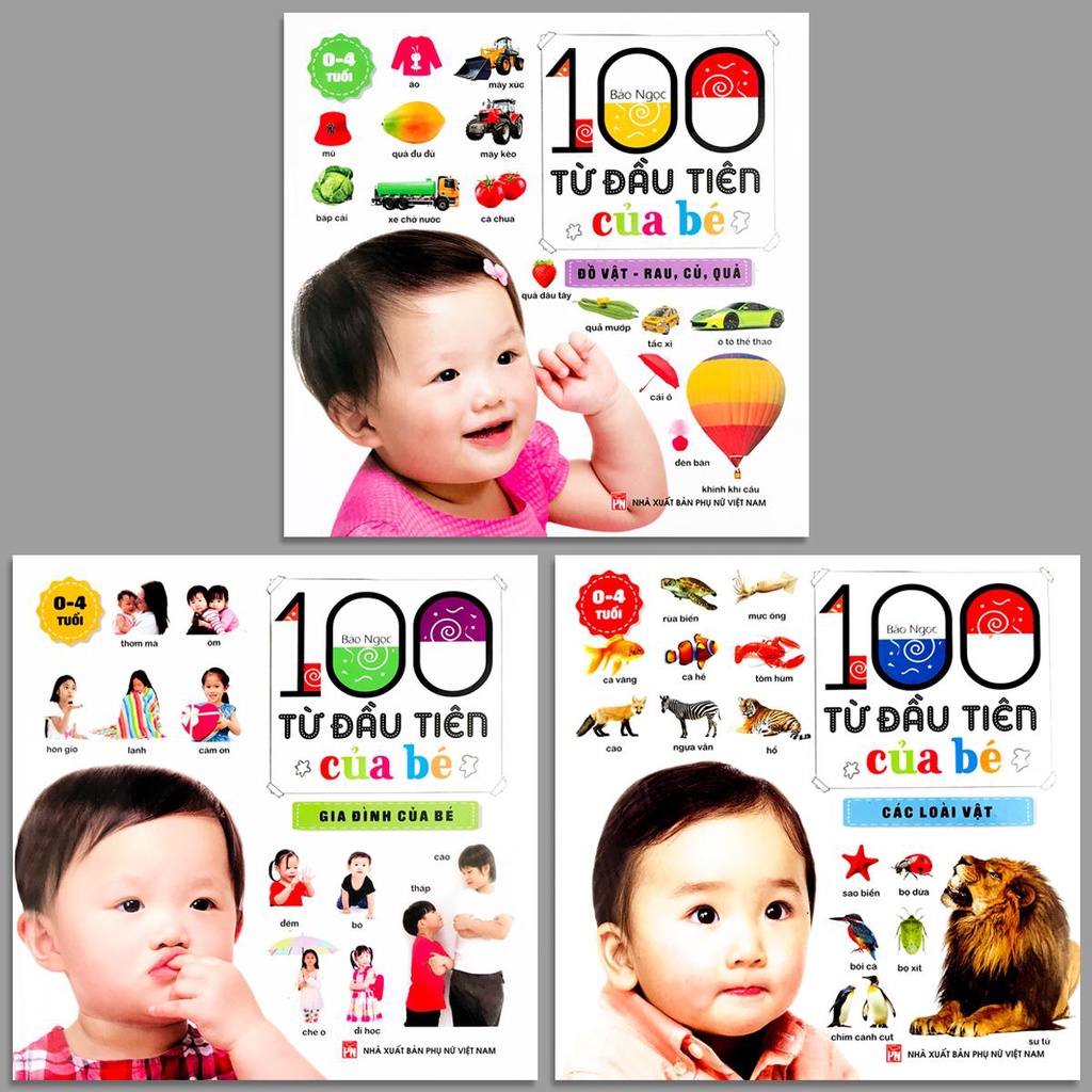 Sách - 100 Từ Đầu Tiên Của Bé - Gia Đình Của Bé + Các Loài Vật + Đồ Vật,Rau,Củ,Quả (Lẻ tùy chọn-bìa cứng, mềm) 0-4 tuổi