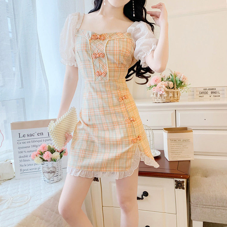 Women Cheongsam Chiffon Stitching Plaid Sweet Small dress | BigBuy360 - bigbuy360.vn