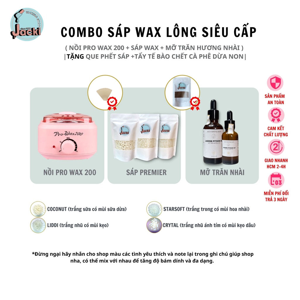 Combo Wax Lông Cao Cấp (Nồi Pro Wax 200 + Sáp + Mỡ Trăn Nhài + Tặng Que Phết Sáp + Tặng Tẩy Tế Bào Chết Cà Phê)