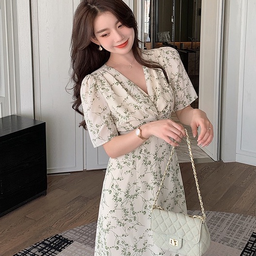 Đầm Hoa Ngắn Tay Cổ Chữ V Thanh Lịch Cho Nữ