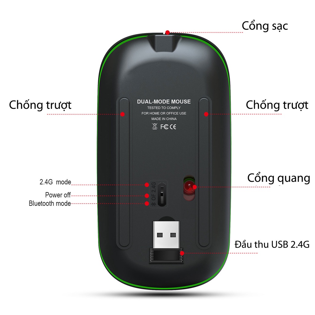 Chuột không dây Bluetooth HXSJ T18 wireless 2.4GHz tự sạc pin không tiếng click chuyên dùng cho Laptop macbook, PC, Tivi