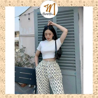 M Booth -  Bộ Áo Croptop Quần Jogger YN ,Áo Ngắn Cộc Tay In Chữ Kèm Quần Thun Dài B026