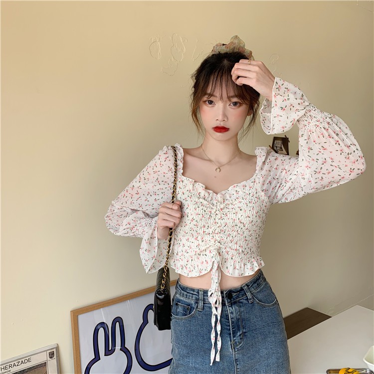 Áo Trễ Vai Hoa Nhí DMee Tay Bồng Chất Voan Kiểu Dáng Croptop Có Dây Rút