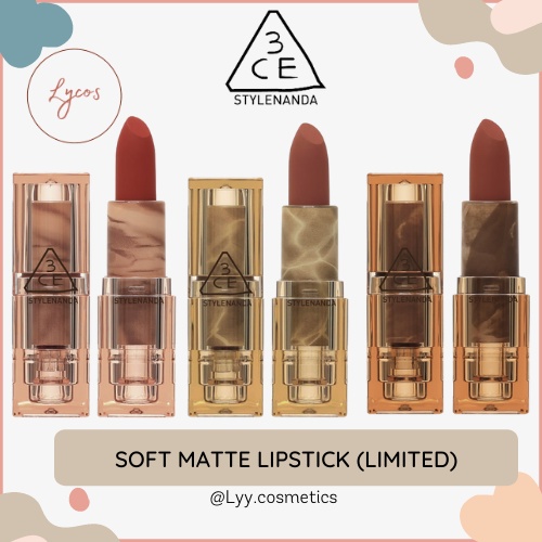 SON THỎI 3CE SOFT MATTE LIPSTICK LIMITED MÀU ETERNAL WARM, SÊNSUAL BREEZE, UNSTAINED RED