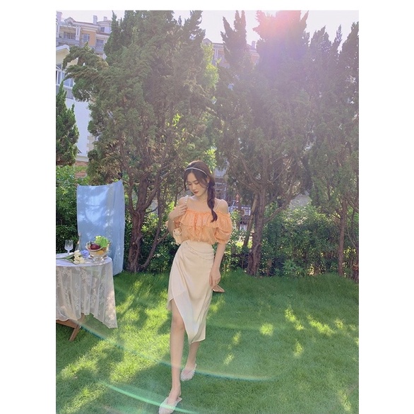 SET ÁO VOAN CAM BÈO DÂY HẠT + CHÂN VÁY XẾP XÉO LỆCH