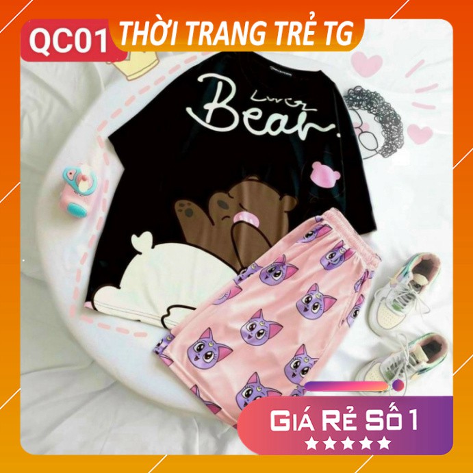 Đồ bộ hoạt hình 💕𝑭𝒓𝒆𝒆𝒔𝒉𝒊𝒑💕 Set đồ nữ Gấu Bear QC01 Set bộ Quần Đùi + ÁO cartoon 3D Cute Form Rộng Cực Thoáng M