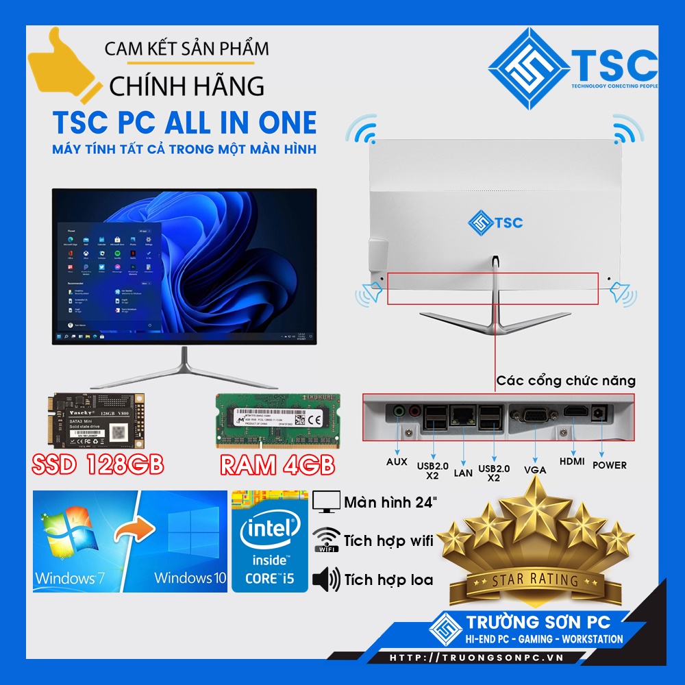 Bộ Máy Tính TSC AIO ALL IN ONE CPU Intel® Core™ i5 | Ram 4Gb | SSD 128Gb | Tích Hợp Wifi/ Loa | Màn 19/ 22/ 24 inch HD+