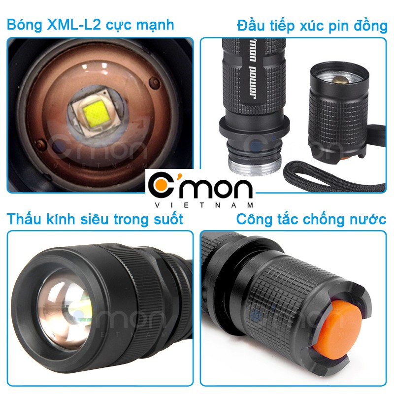 Bộ 1 đèn pin siêu sáng C'mon Power RANGER XML-L2 LED 10W + 1 pin 18650 + 1 sạc USB (VÀNG) | BigBuy360 - bigbuy360.vn