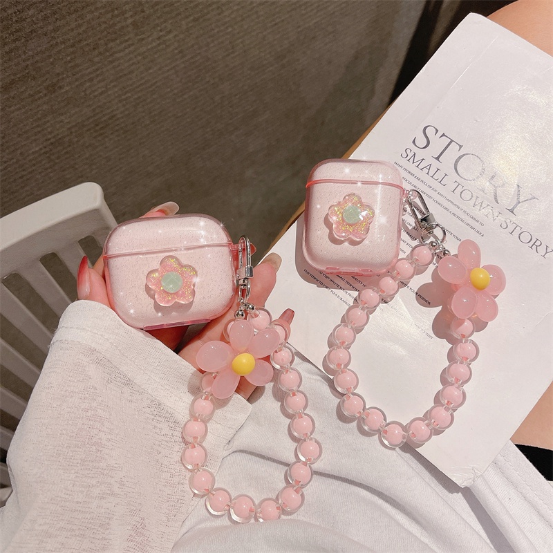 Vỏ Bảo Vệ Hộp Sạc Tai Nghe AirPods Pro AirPods 1 2 AirPods 3 Màu Hồng Lấp Lánh Gắn Vòng Hoa
