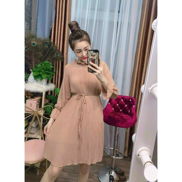 Đầm dập ly dáng suông tay dài cột eo siêu cưng -hình thật.