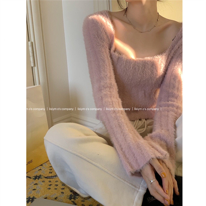 ✠Áo Sweater Dệt Kim Mềm Mại Cổ Vuông Ôm Dáng Thời Trang Thu Đông Cho Nữ