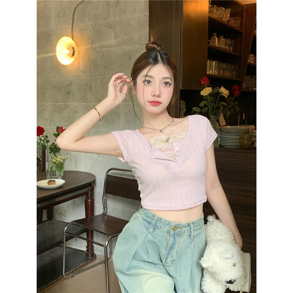 Lalisas Áo Croptop Ngắn Tay Phối Ren Thiết Kế Ngọt Ngào Cho Nữ