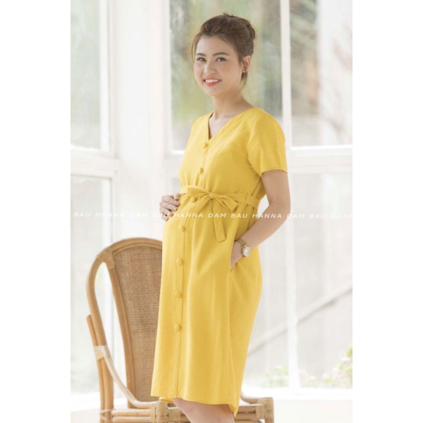 [HANNA] Đầm bầu công sở cao cấp vải đũi cotton cao cấp 1 lớp mềm mát mùa hè CÓ 3 SIZE 40-78KG fom A mặc bầu và sau sinh