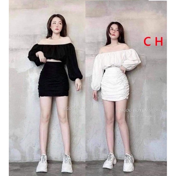 Set áo trễ vai tay bồng + chân váy đuôi cáChất thô lụa bánh bèo Vintage tiểu thư☘️ Phong cách Hàn Quốc