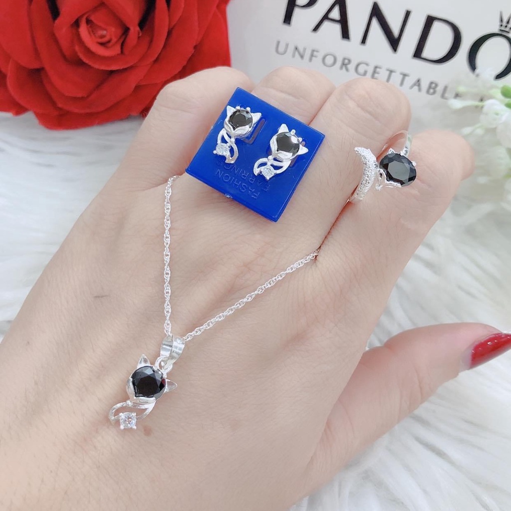 Bộ trang sức bạc mặt hồ ly nhiều màu gồm 4 món, Sét trang sức bạc phong thủy sang trọng nữ tính