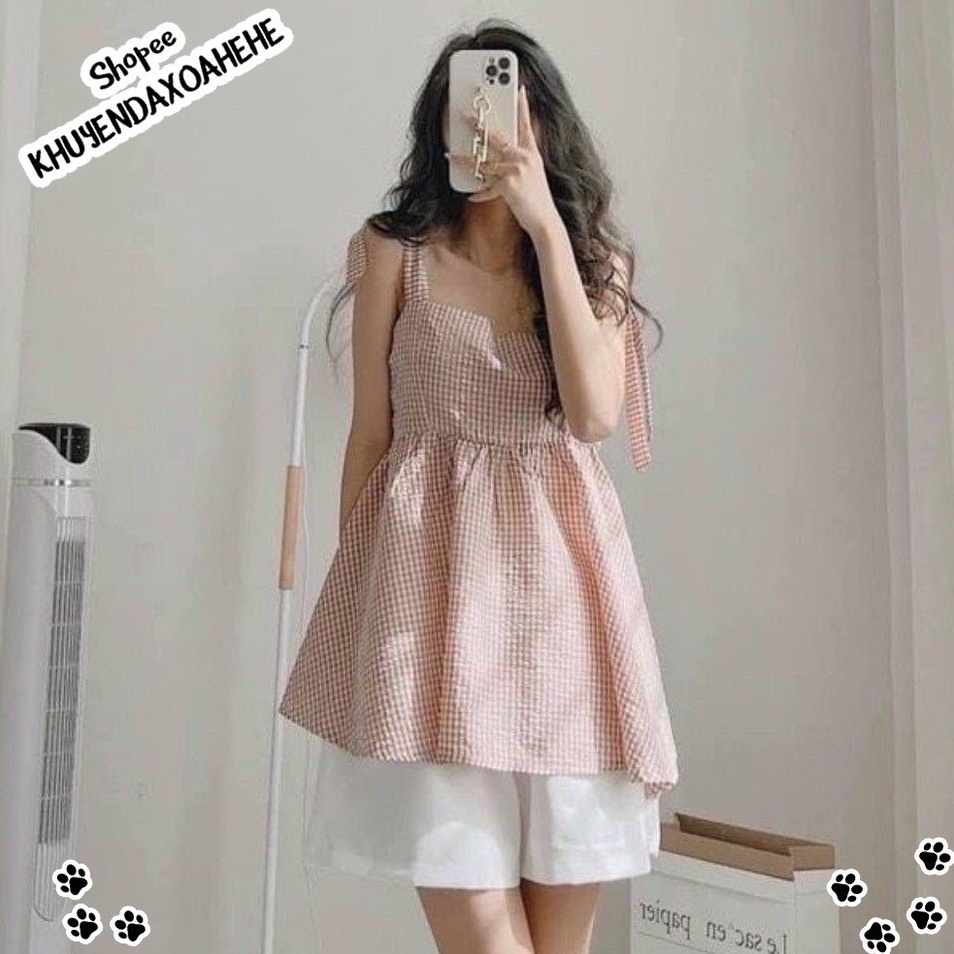 Set Hai Dây Kẻ Xốp Buộc Nơ Kèm Quần Short Trắng Nữ - Sét Đồ Ulzzang Áo Baby Doll Kẻ Caro 3 Màu Siêu Xinh