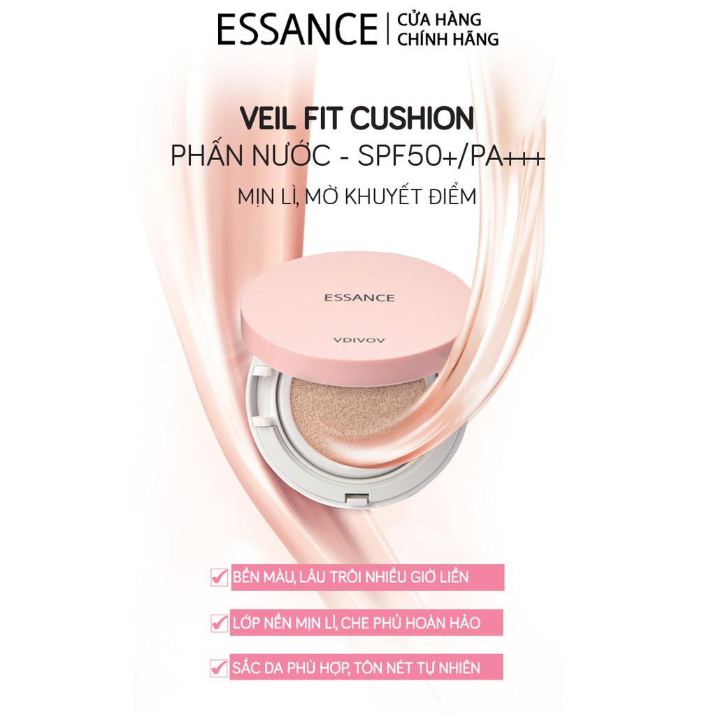 Bộ phấn nước mịn lì mờ khuyết điểm Essance Veil Fit SPF50+ PA+++ 15g + Sữa rửa mặt E'Zup 30g tặng Cọ rửa mặt