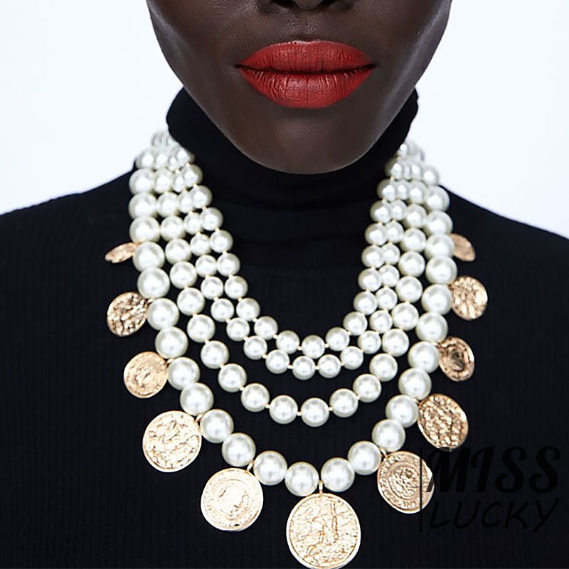 Vòng cổ chuỗi hạt ngọc trai nhân tạo nhiều lớp phối mặt kim loại phong cách cá tính cho nữ