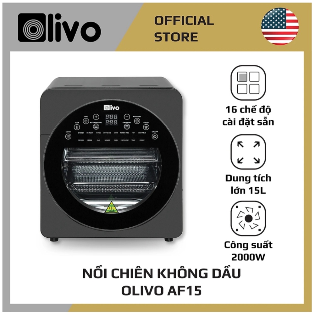 Nồi Chiên Không Dầu OLIVO AF15  16 Chức Năng - Dung Tích 15L - Công Suất 2000W - Thương Hiệu Mỹ