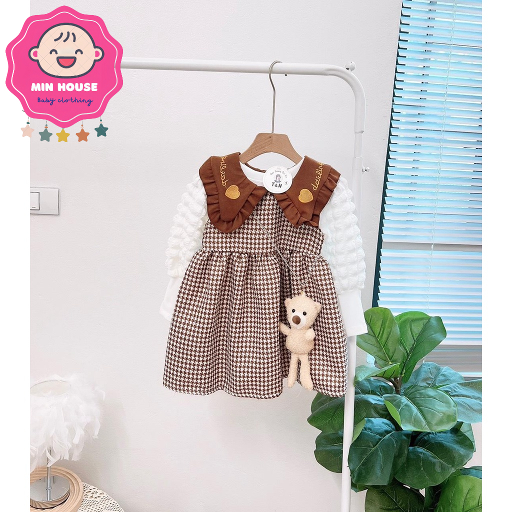 Set váy dạ phối áo nỉ mềm tay xốp kèm túi gấu cho bé gái