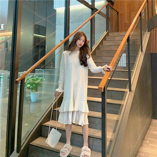 ( Sẵn Hồng ) Đầm Len Suông Phối Voan