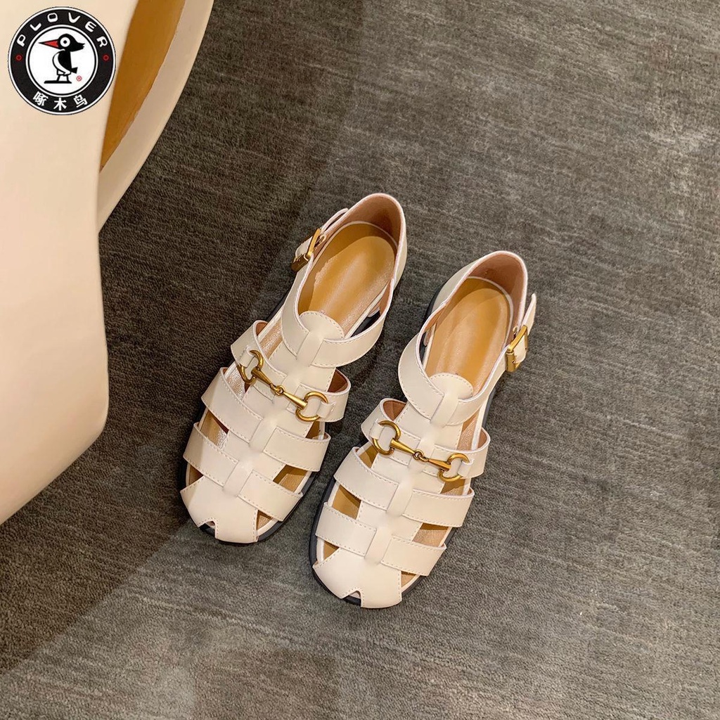 Giày Sandal Đan Lát Đục Lỗ Phối Khóa Phong Cách Retro Anh Quốc Cho Nữ