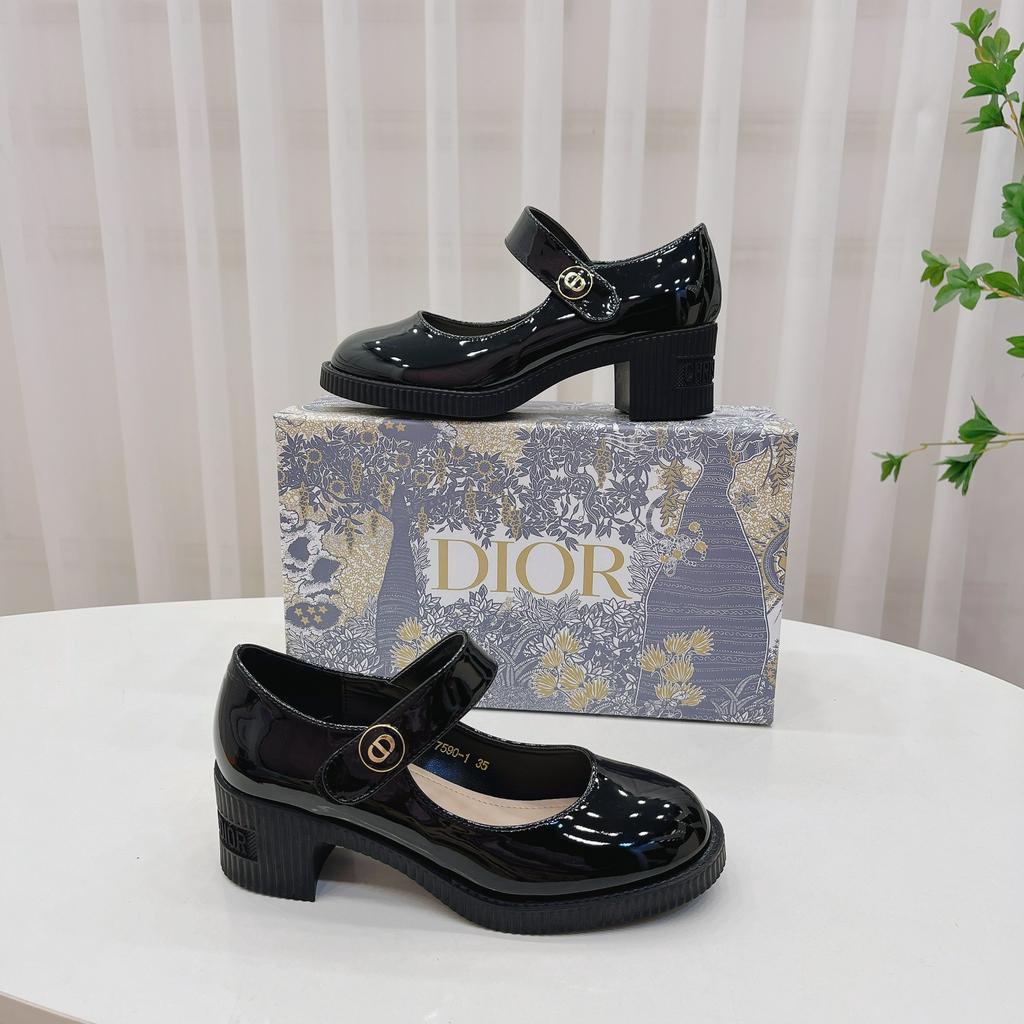 Giày búp bê quai ngang mũi tròn da bóng gót 5cm