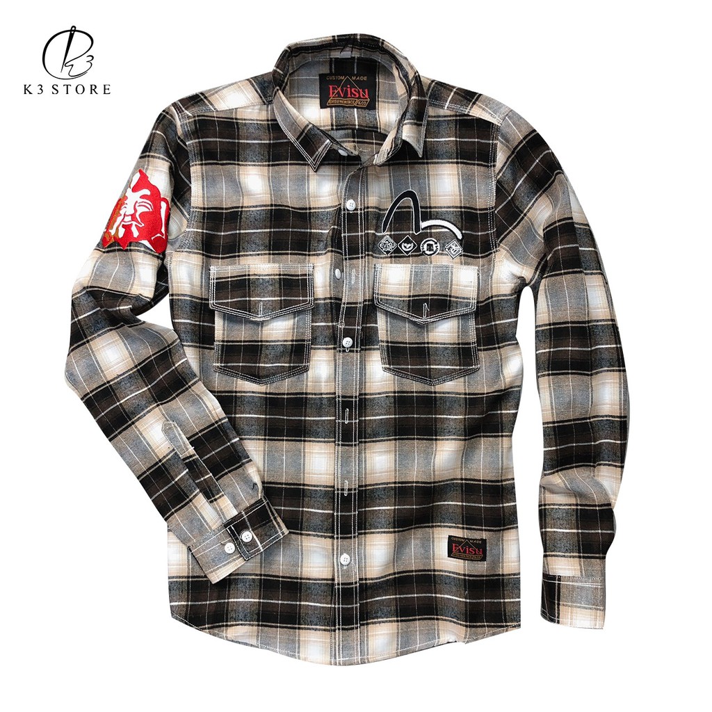 Áo sơ mi nam sọc caro thêu chữ nổi evisu neonew cá chép mèo bảo hành hình thêu K3 STORE | BigBuy360 - bigbuy360.vn
