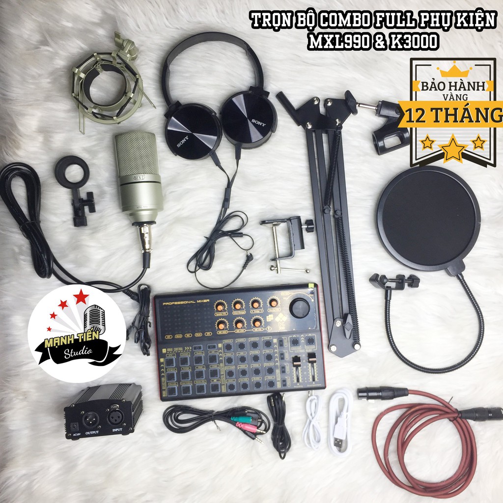 [tặng full phụ kiện] Comabo Mic Thu Âm MXL990 + Sound Card K3000 + full phụ kiện livestream karaoke thu âm xịn sò bh 12t