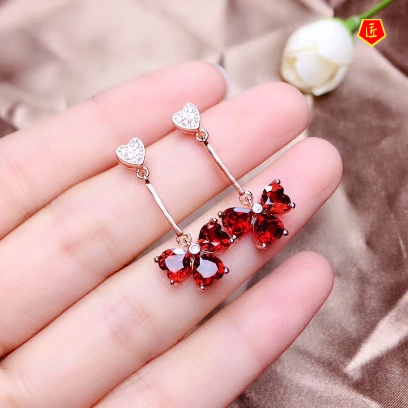 Set Vòng cổ + Nhẫn + Đôi Khuyên Tai Hình Cỏ Bốn Lá Đính Đá Hồng Ngọc Xinh Xắn Cho Nữ