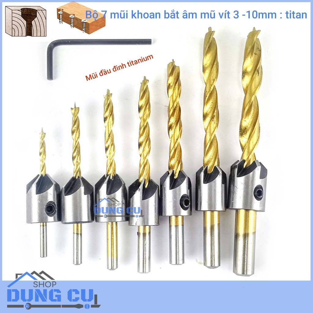 Bộ 7 mũi khoan gỗ đầu đinh bắt âm mũ vít phủ titanium