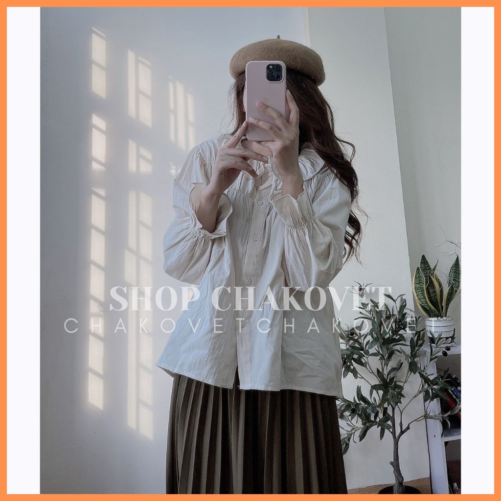 Áo babydoll nữ tay dài màu trắng be A894, kiểu áo nữ hàn quốc bánh bèo cổ tròn họa tiết dọc khuy áo phong cách tiểu thư
