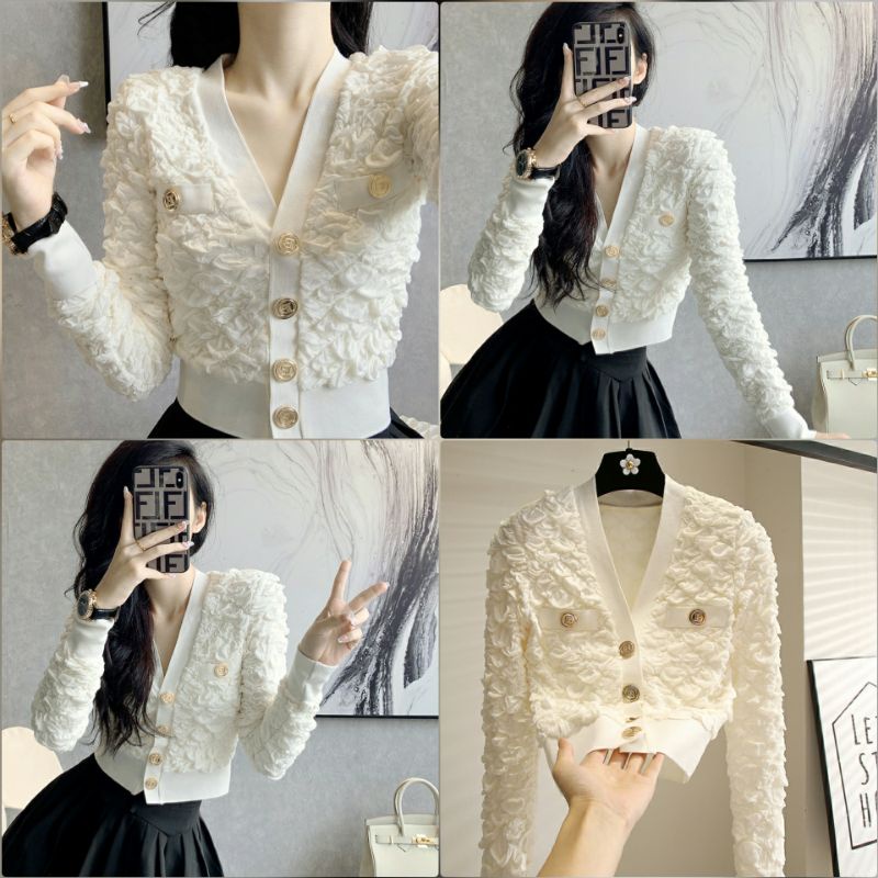 ÁO KHOÁC CARDIGAN CỔ CHỮ V XỐP NHĂN NỔI MÀU TRẮNG SỮA HOT HIT THU ĐÔNG 2021
