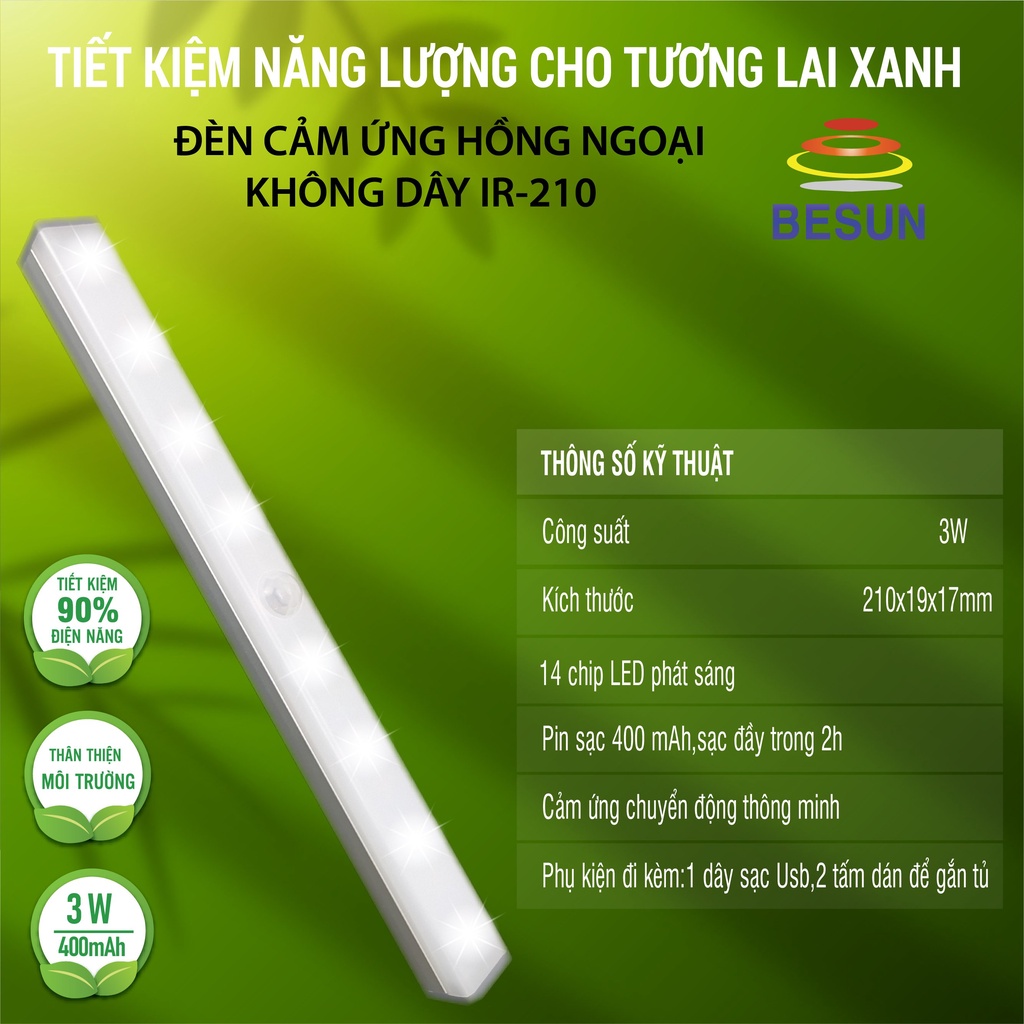Đèn Cảm Ứng Hồng Ngoại Không Dây - Tủ Quần Áo - Tủ Bếp PIR- 210 Besun LED Light