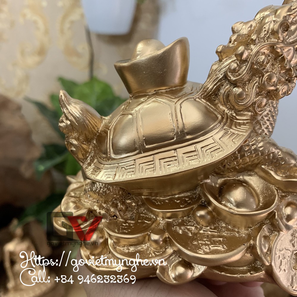 Tượng đá trang trí phong thủy long quy - Rùa đầu rồng cõng thỏi vàng - Chiều Cao 10cm - Màu nhũ đồng