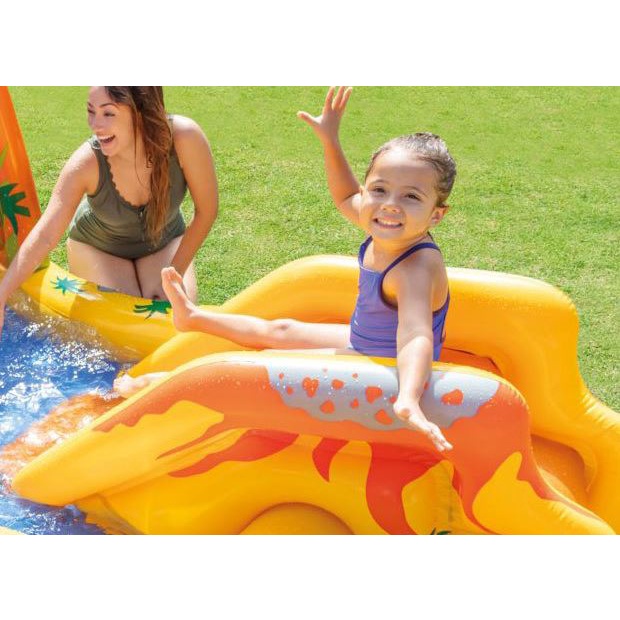 Bể bơi trẻ em phao bể bơi cầu trượt cho bé mẫu khủng long núi lửa phun nước