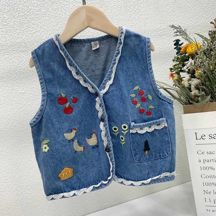 Áo Khoác Denim Sát Nách Thêu Họa Tiết Thời Trang Xuân Thu 2022 Cho Bé Gái