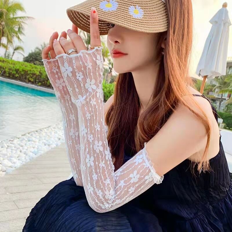 Găng Tay Lưới Ren Hoa Siêu Mỏng Co Giãn Chống Nắng Tia UV Màu Đen Thời Trang Mùa Hè Cho Nữ